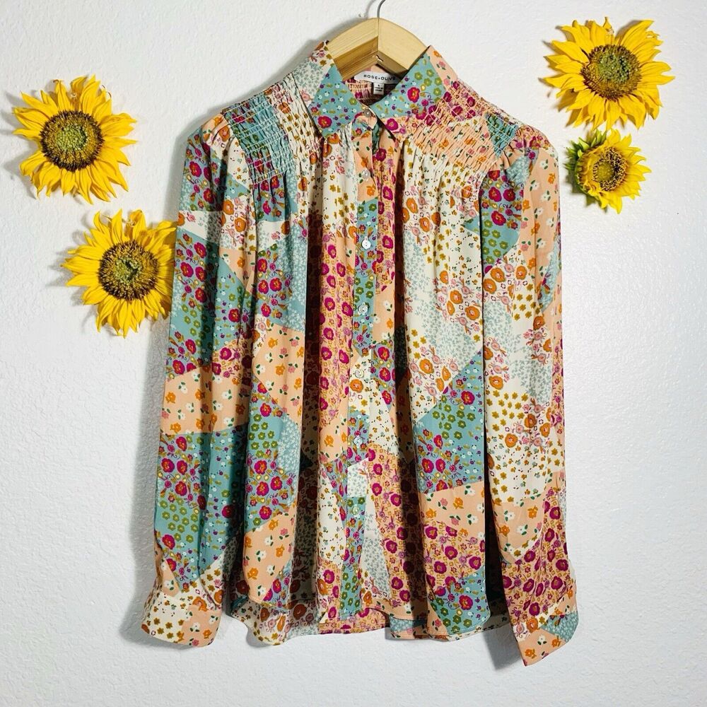Rose & Olive Floral Button Boho Cottage Core Blouse Size Small Women’s